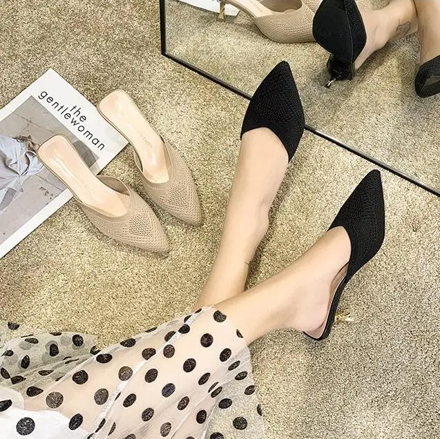 

Women's High Heel Pumps 7cm Fashion Mules Shoes Outdoor Air Mesh Pointed Toe Slippers 2019 New Ladies Slip-on Thin Heel Slippers