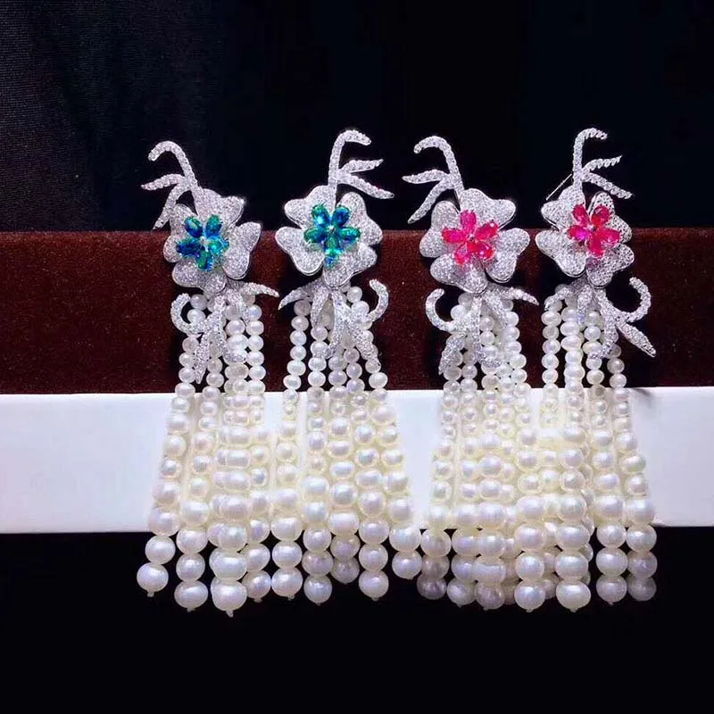 White Pearl Round Cz Pave Flower Stud Earrings