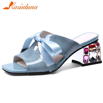 

Karinluna New Arrivals Patent Leather Square Heels Summer Shoes Woman Pumpes Mules Peep Toe Slip-On Crystal Pumps Women Shoes