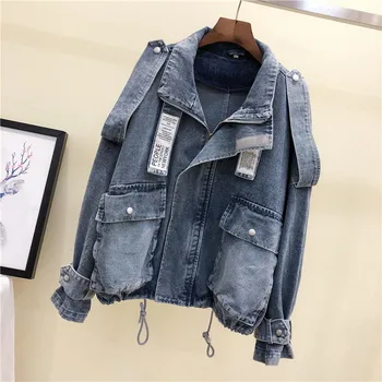 

Denim Jacket Women Short Coat 2019 Spring Autumn New Oversize Loose Casual Outerwear Stand Collar Tooling Jacket Female JIA433