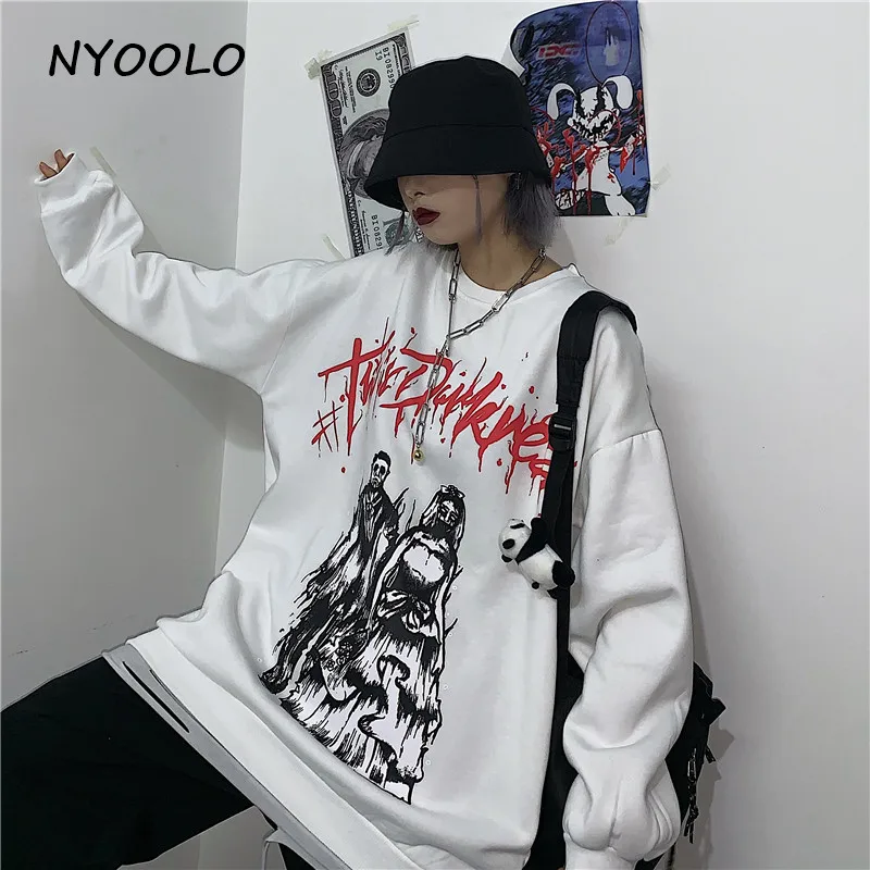 NYOOLO Harajuku horror Для замужней пары с буквенным принтом, свободные теплые толстовки, осенне-зимние пуловеры с круглым вырезом, флисовая Толстовка для женщин и мужчин