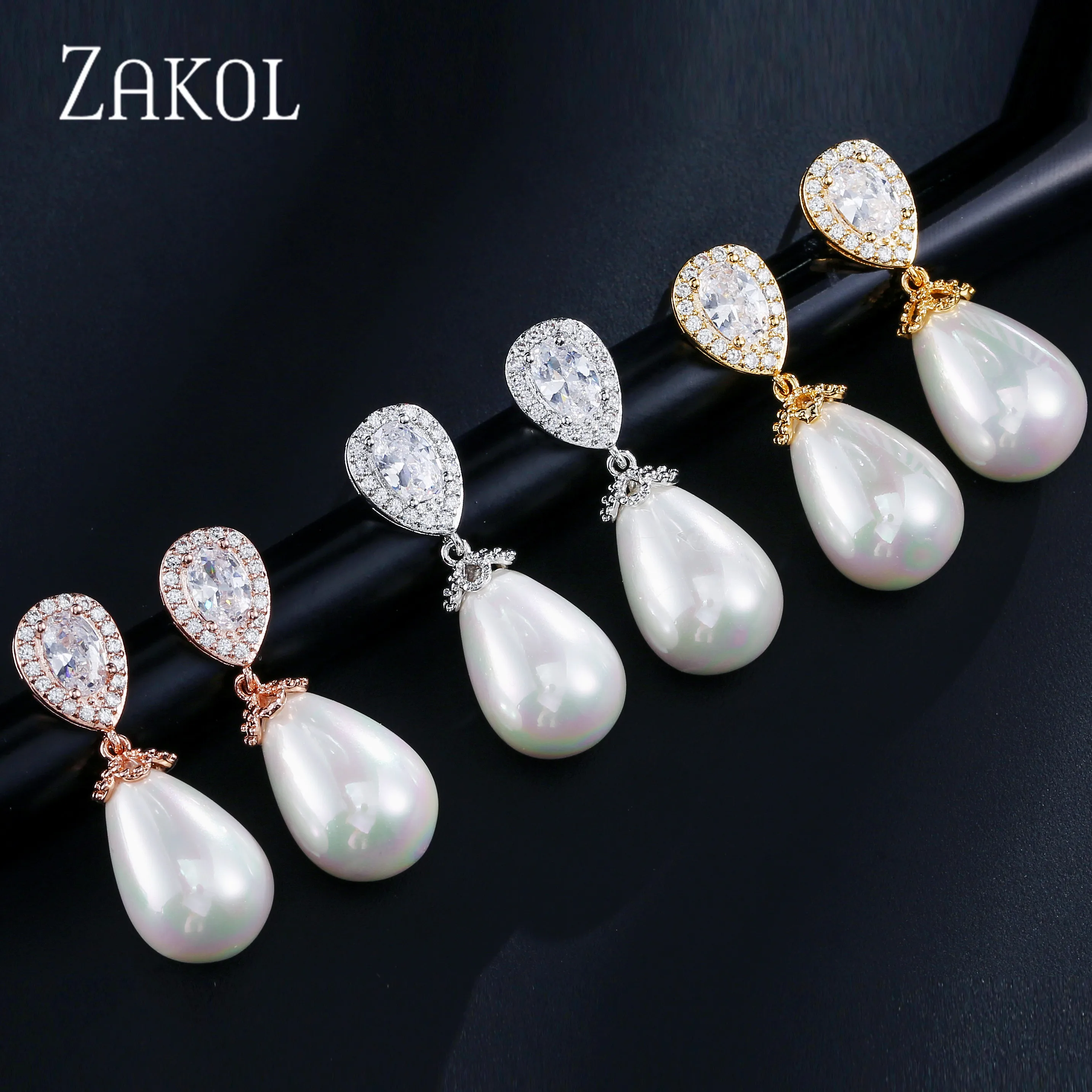 Модные женские серьги ZAKOL из розового золота с искусственным жемчугом и фианитом