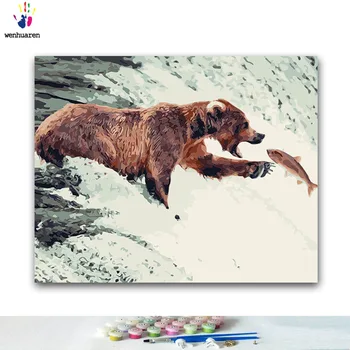 

DIY Coloring paint by numbers Bear fishing paintings by numbers with kits 40x50 framed