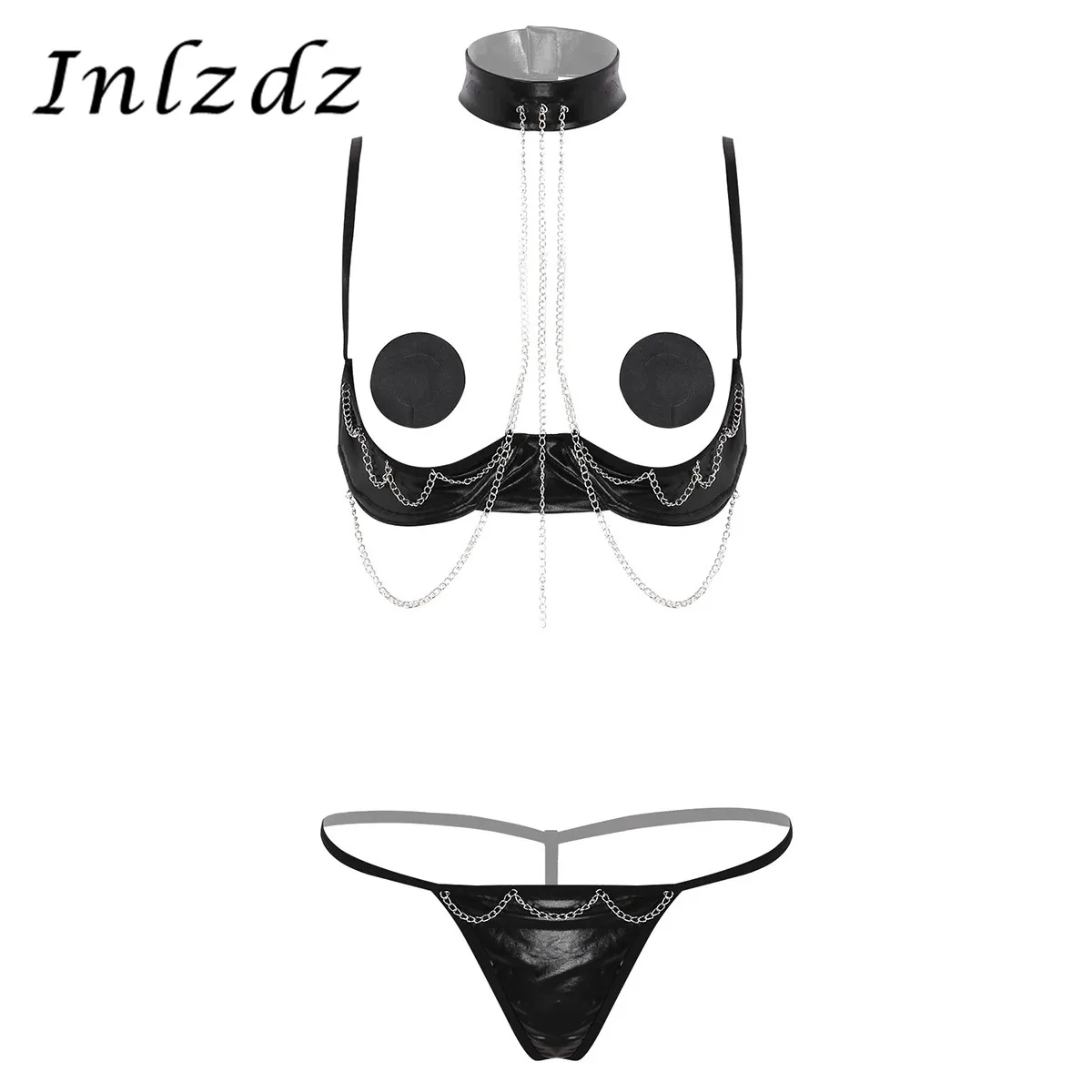 

Womens Erotic Lingerie Set Open Cups Bare Exposed Breasts Nipples Underwire Shelf Bra with G-string Briefs and Nipple Covers