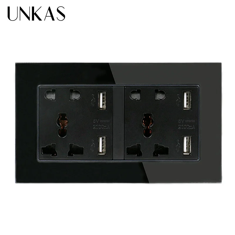 Универсальная Розетка UNKAS с 5 отверстиями и 4 USB интеллектуальным Индукционным зарядным портом для мобильных устройств, настенная розетка из закаленного стекла