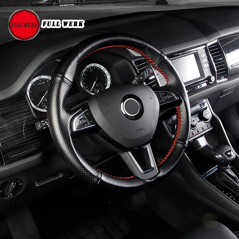 Black with Red 1 шт. кожаный чехол для ручного шитья автомобиля для Skoda Kodiaq чехол для рулевого колеса защитная пленка аксессуары для интерьера высокое качество - Название цвета: Black with Red