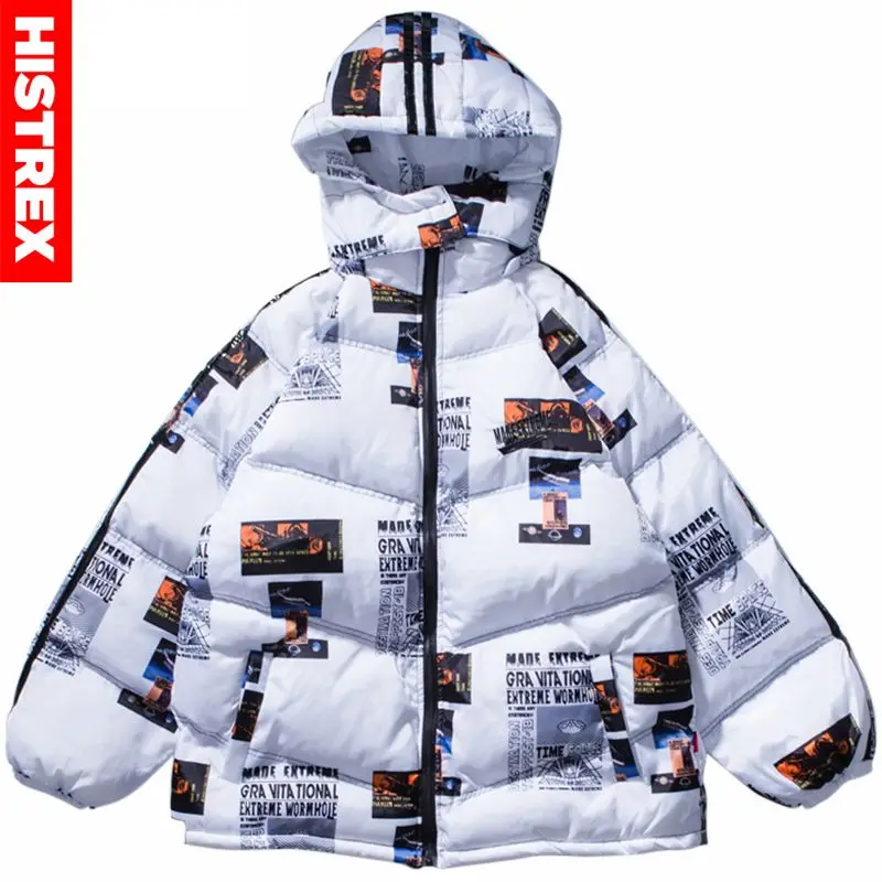 Hip Hop Hooded Jacket Parka Graphic Print Streetwear Men Windbreaker Hoodie Harajuku Winter Padded Jacket Coat Warm Outwear