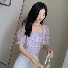 Aliexpress - Women Tops 2020 Summer Flowers Embroidered Square Neck Puff Sleeve Mesh Dames Blouse See Through Crop Top Fashion Shirt Purple