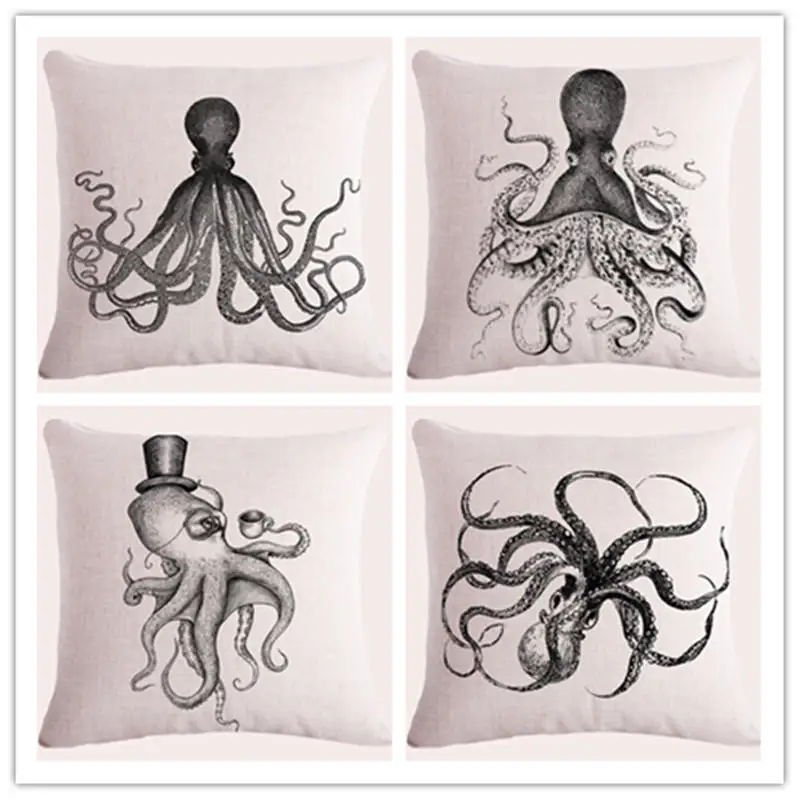 

Hand-paint Octopus Cushion Print Cover Linen Family Affection Sofa Car Seat Home Decorative Throw Pillow Case Housse De Coussin