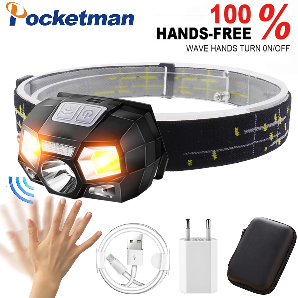 

10000 Lumen LED Headlamp Motion Sensor Ultra Bright Hard Hat Head Lamp Powerful Headlight USB Rechargeable Waterproof Flashlight