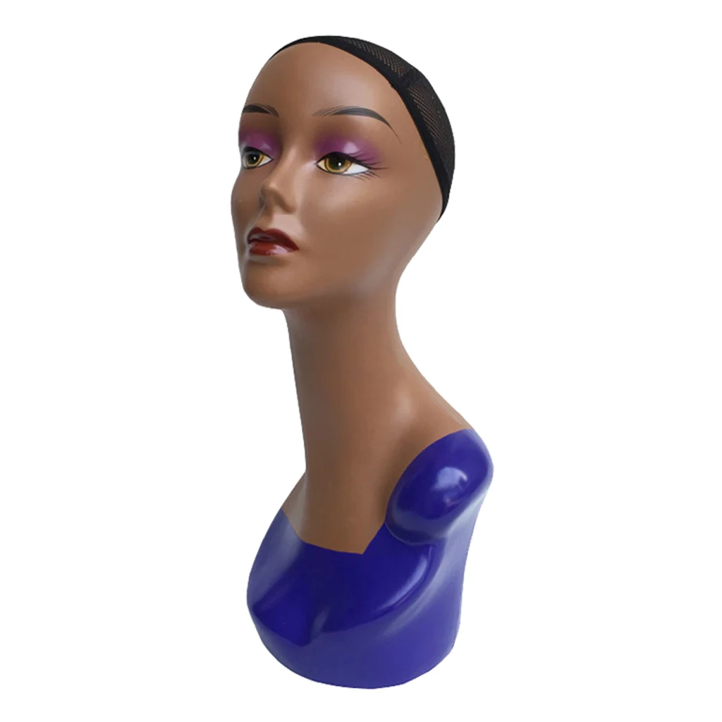 20-inch Female Mannequin Head Form with Full Makeup Display Stand for Wigs, Hats, Jewelry - Black Skin Tone
