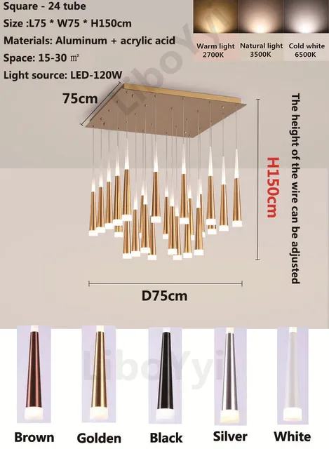 Modern Design Gold Black Minimalist Luster LED Chandelier for Bedroom Dining Living Room Loft Restaurant Cafe Interior Home Deco Square-24 tube