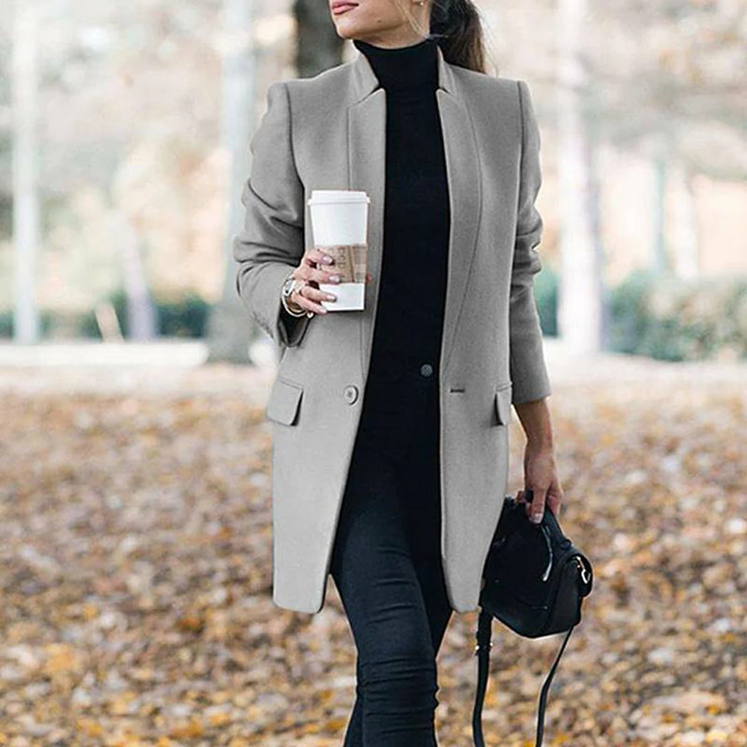 Женское повседневное пальто с воротником-стойкой осеннее длинное шерстяное пальто офисное Женское зимнее пальто для работы женская уличная куртка