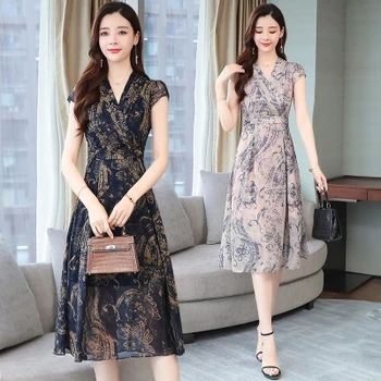 

2020 Korean Summer Women Retro Style Printed Chiffon Long Dress V-neck Plus Size 4xl Vintage Women Clothes Middle Aged Dresses