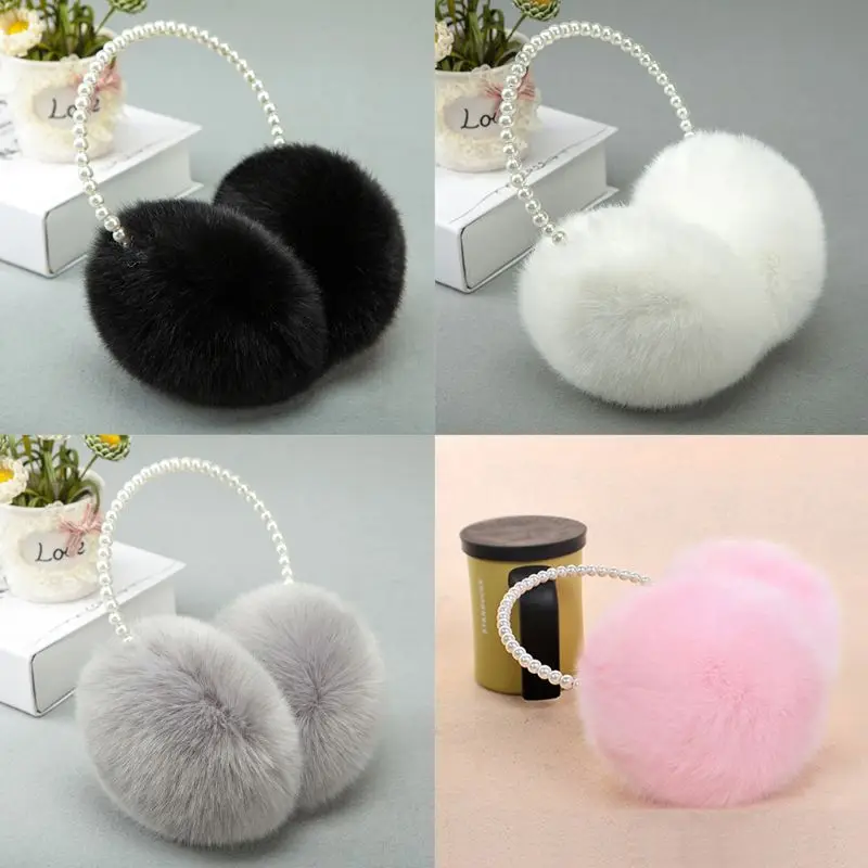 Women Girls Winter Fluffy Plush Earmuffs Imitation Pearl Beaded Headband Thicken Ear Warmer Princess Kids Party Styling Headwear