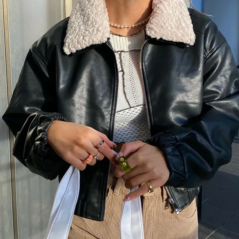 Leather Jacket Fur Collared Zip Up Cropped Winter Women Fashion Chic