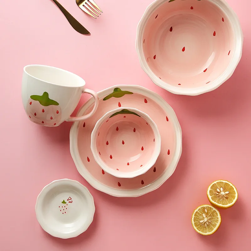 Strawberry Bowl Cute Girl Heart Rice Creative Personality Household Noodle Soup Dishes Tableware dinnerware set | Дом и сад