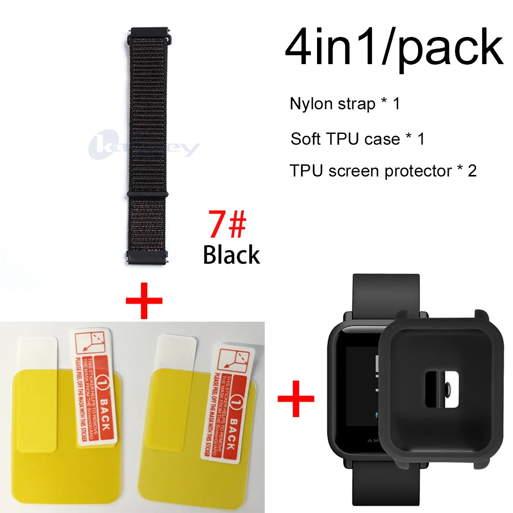 4в1/упаковка нейлоновый ремешок для Xiaomi Huami Amazfit Bip BIT Youth Watch ремешок на запястье браслет Резина Amazfit bip мягкий чехол - Цвет: 7-Black case