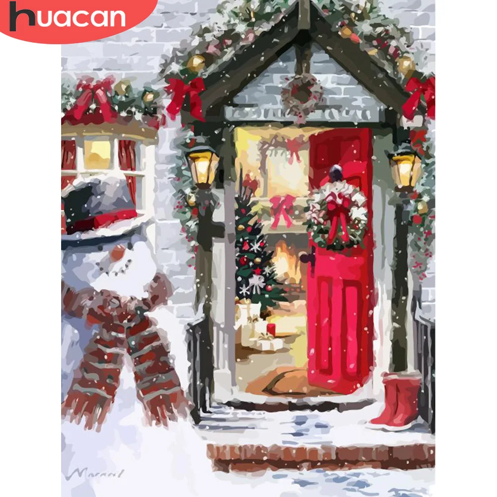 

HUACAN DIY Oil Painting Snowman Kits Drawing Canvas HandPainted Pictures By Numbers Christmas Winter Gift Art Home Decoration