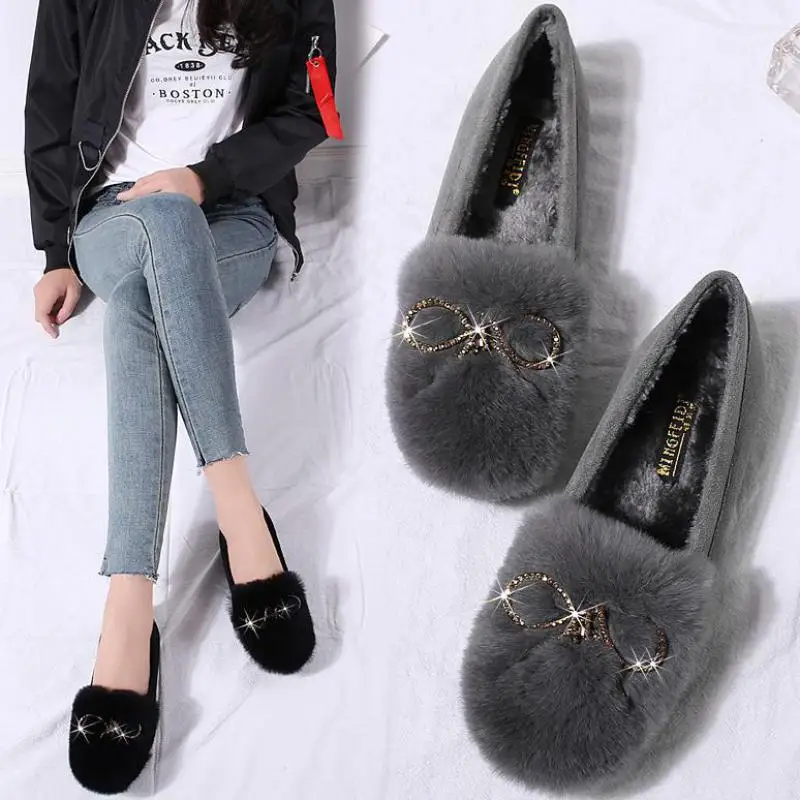 

Warm Fur Loafers Plush Women Flats Large Size Winter Shoes Slip On Bow Crystal Lady Moccasins Footwear Casual Fur Cotton Shoes