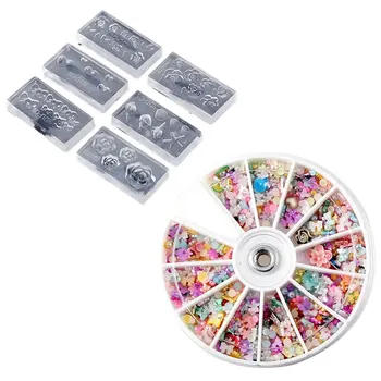 

1200Pcs Wheel Mixed 3D DIY Nails Glitter Shining Rhinestones & 6Pcs Fashion Durable 3D Silica Gel Mold for Nail