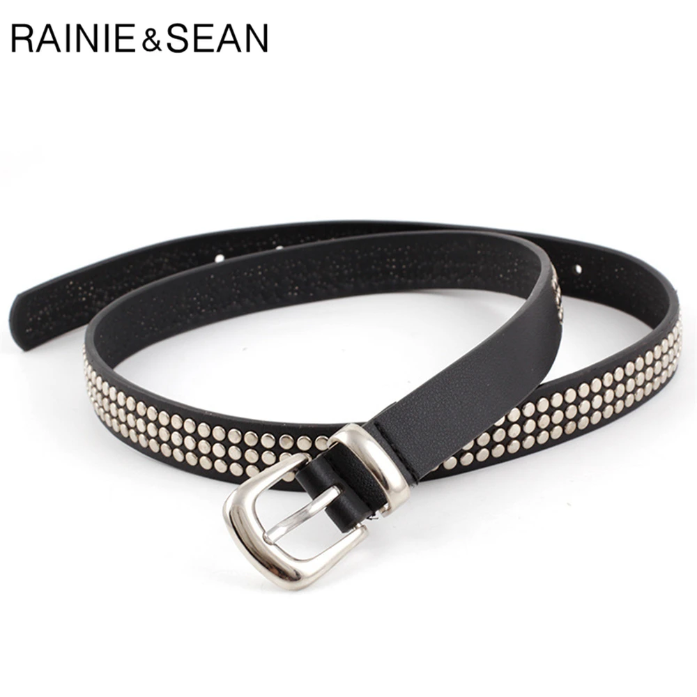 RAINIE SEAN Punk Rock Leather Belts for Women Rivet Black Red White Camel Women Belts 110cm