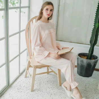 

Autumn Winter New Palace Wind Classical Atmosphere Princess Home Service Solid Color Pajamas + Casual Cotton Long Pants Suit