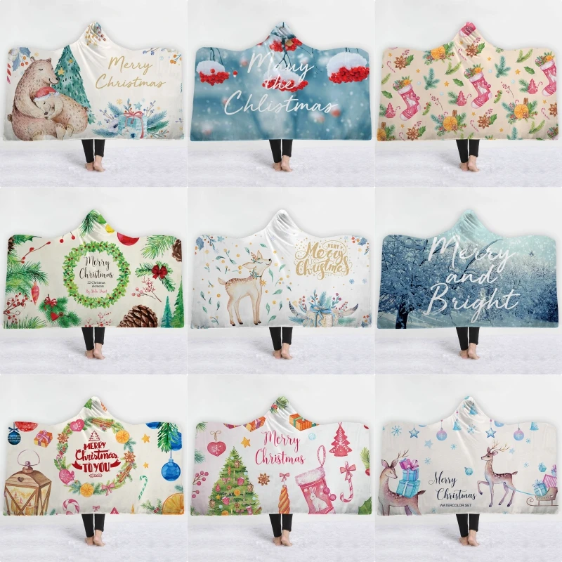 

Hooded Blanket Microfiber For Adults Kids Christmas Printed Sherpa Fleece Wearable Blanket