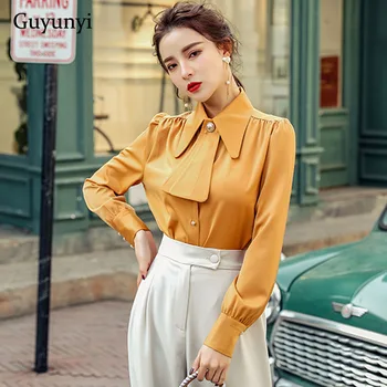 

Fashion Office Lady Blouse 2020 Spring Yellow Simple Turn-Down Collar Long Sleeve Single-Breasted Elegant Party Shirt Women