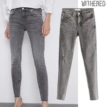 Потертые английские Стильные Простые серые джинсы женские джинсы средней талии рваные джинсы для женщин очень узкие джинсы для женщин