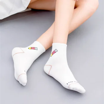 

Spring Autumn Season Student Female Middle Tube Sock Banana Milk Dinosaur Pencil Fire Cartoon Pattern White Simple
