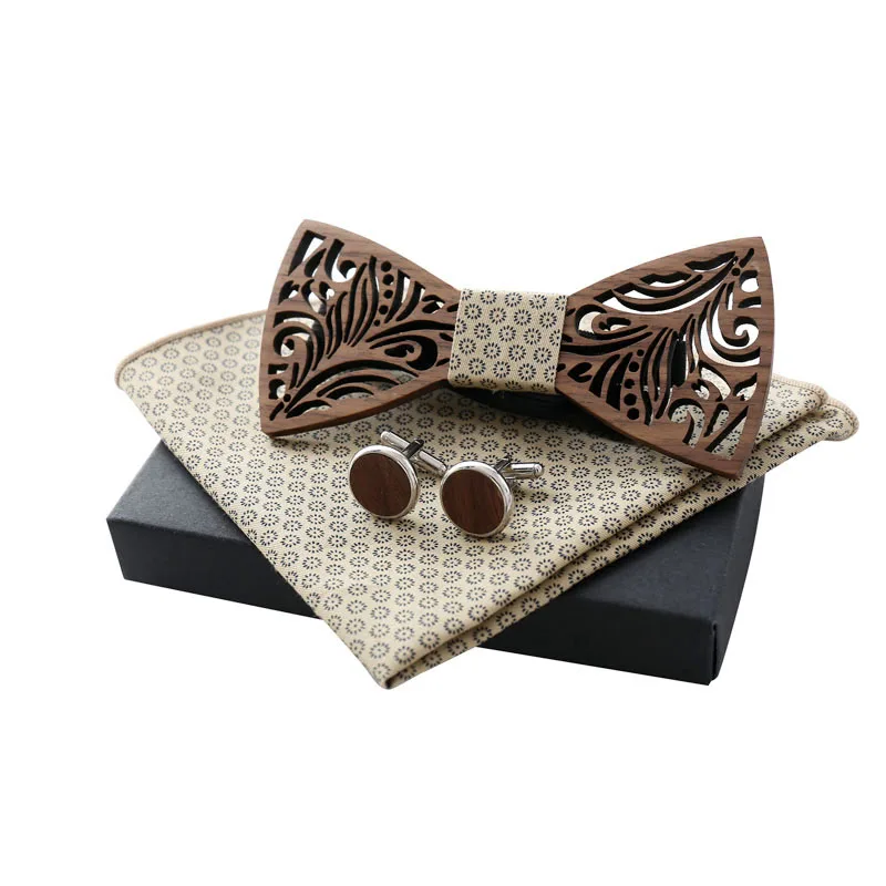 Oeientree, Романтические полые деревянные бабочки-Галстуки, галстук-бабочка с платком, запонки для мужчин, дизайн, Рождественский подарочный набор - Цвет: A1