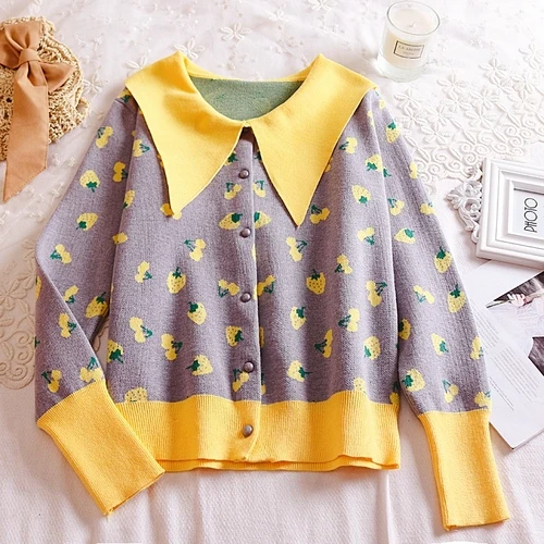 gray cardigan Woherb Японский милый свитер для женщин с клубничным принтом в стиле пэчворк Женский вязаный кардиган Осень Kawaii милые свитера 90594 - Цвет: gray cardigan
