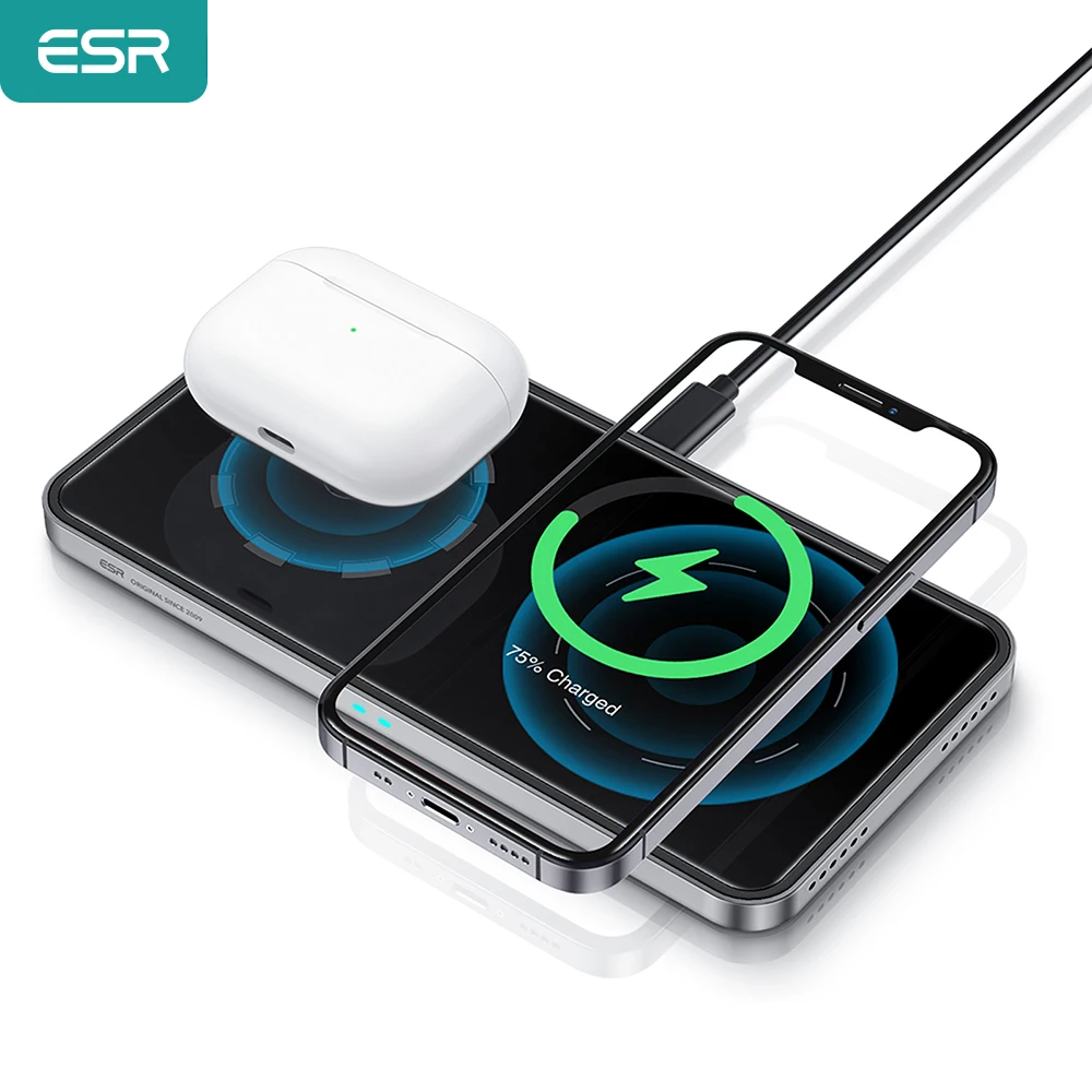 ESR 2-in-1 Wireless Charger for iPhone 12 10W Magnetic Fast Wireless Charging for iWatch Supports Magnetic Charger for iPhone 12