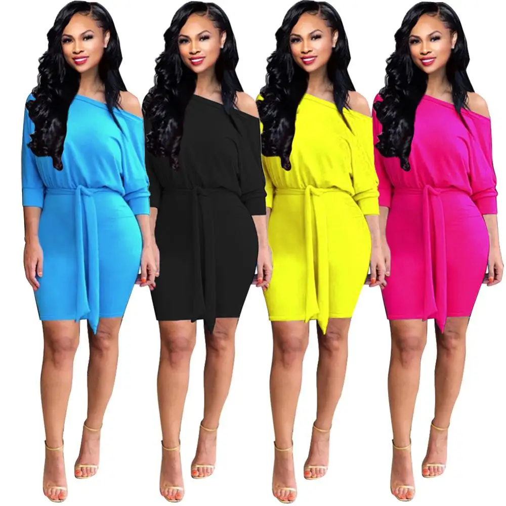 

Sexy One Shoulder Long Sleeves Women Sheath Dresses with Sash Solid Simple Short Bodycon Dress for Party High Quality