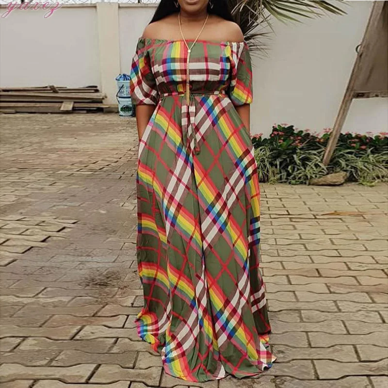 Summer Elegant Code Sexy One Shoulder Will Pendulum Chalaza Printing Maxi Long Women Dress Plus Size Plaid Floor-Length