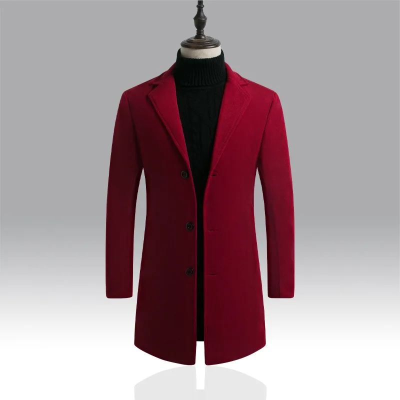 Модное мужское шерстяное пальто, зимнее теплое одноцветное длинное пальто, Мужской однобортный деловой Повседневный пиджак - Цвет: red