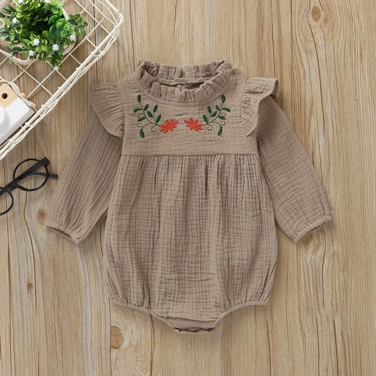 6M-2T bodysuit for girls embroidery flower on collar full length long sleeve solid color clothing - Цвет: Хаки