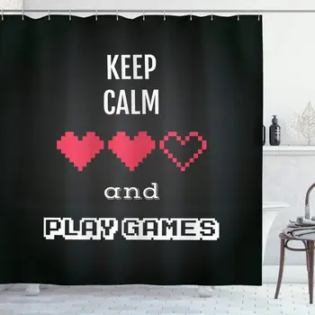 

Gamer Shower Curtain, Motivational Keep Calm Words with Videogame Theme Ombre Background, Cloth Fabric Bathroom Decor Set with