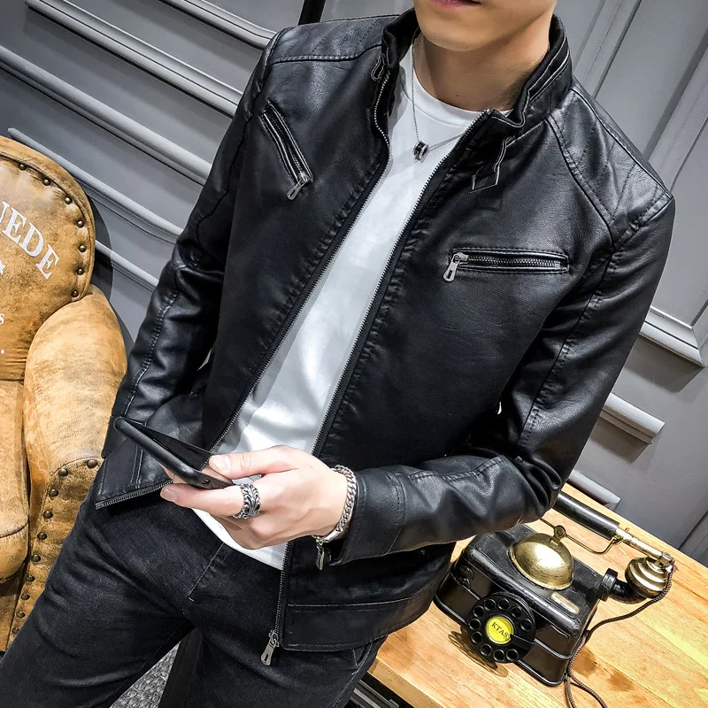 

Spring And Autumn Men's PU Leather Men's Korean-style Casual Men'S Wear Stand Collar Slim Fit Biker Leather Jacket PU Coat Young