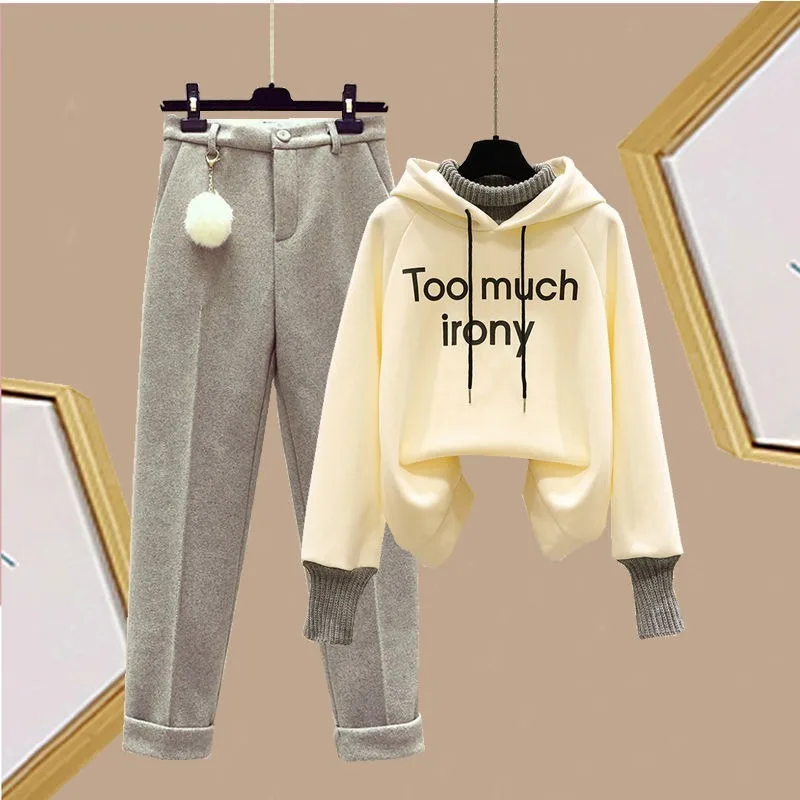 

Women's Two-piece Suit Autumn and Winter Plus Velvet Sweater Fake Two-piece Loose-fitting Blouse Design Is Thin Casual Pants