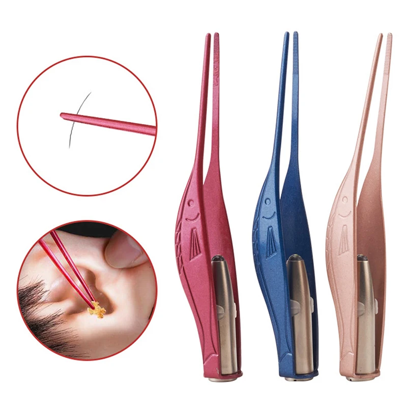 New 1pcs LED Flashlight EarPick Clean Tweezers Tool Ear Nose Navel Stainless Steel Tweezers Earwax Removal Care Visual Ear Pick