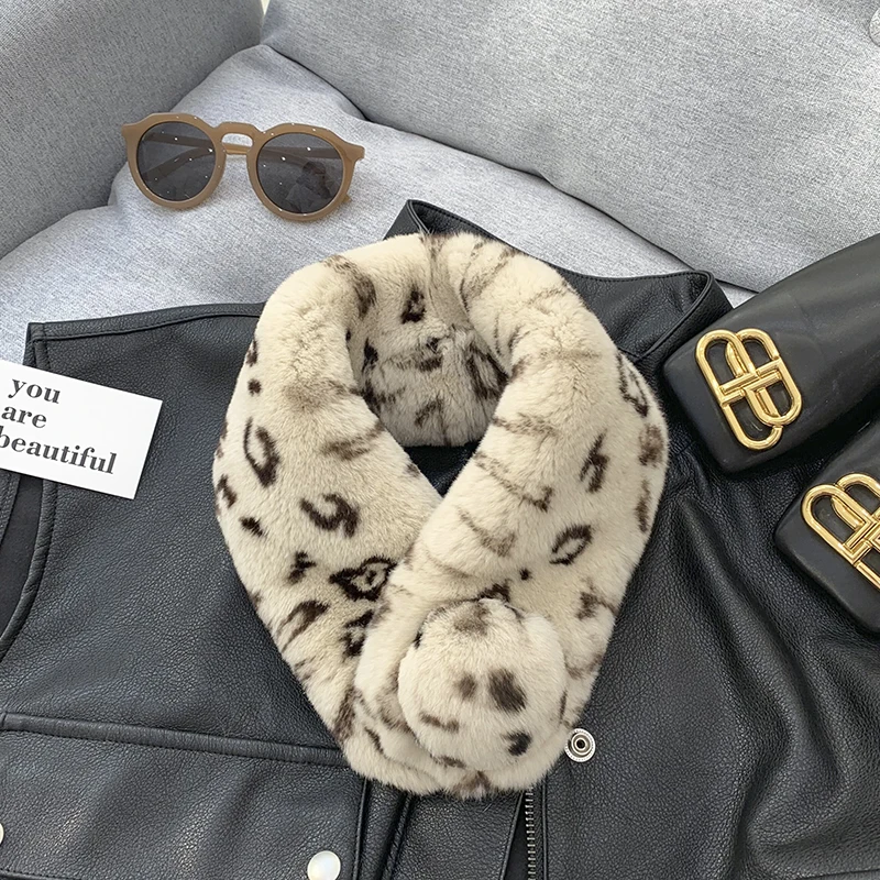 Both side fur leopard printed rabbit fur collar for overcoat, cute little hairy scarf in genuine rabbit fur 60*10cm SS