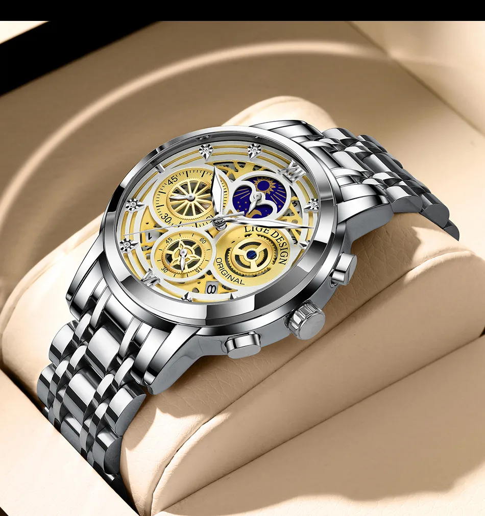 2021 New LIGE Sport Men Watch Top Brand Luxury Gold Stainless Steel Quartz Wrsit Watch Men Fashion Hollow Waterproof Chronograph