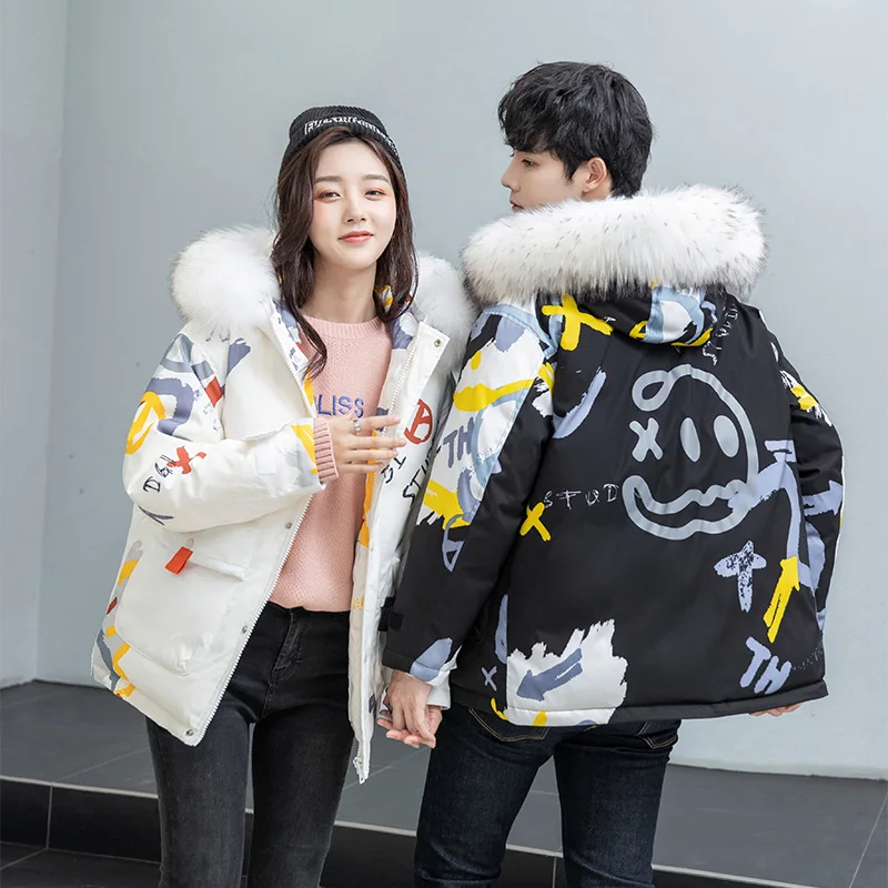 The new 2021 Little Devil Short Trend-brand down jacket Winter couples jacket with thick white duck down warm coat men big fur