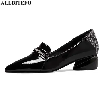 

ALLBITEFO high quality genuine leather+Sequins high heels office ladies shoes thick heels women shoes women heels size:34-42