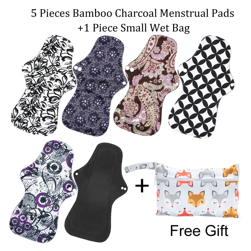 

6Pcs ( 5+1Set )Heavy Flow Menstrual Pads Set Charcoal Night Use Panty Liner For Pregnant Women Maternity Reusable Sanitary Pads