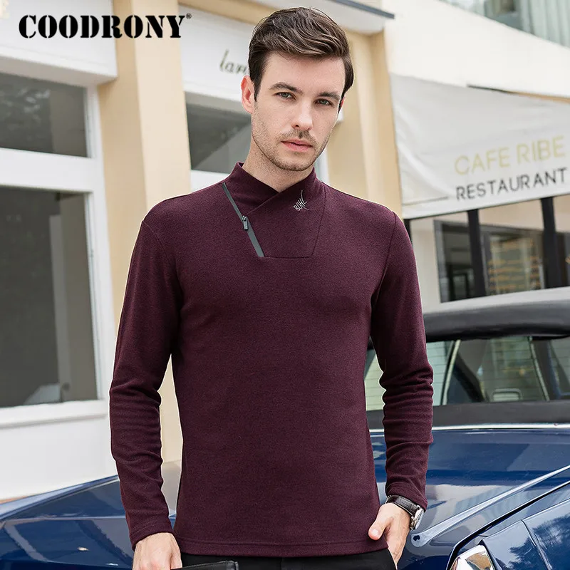 Online Marca cookrony camisetas de hombre de manga larga de algodón camiseta Homme camisa de fondo moda Casual cremallera soporte cuello camiseta C5005