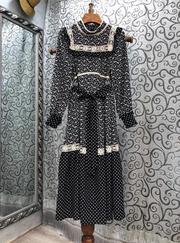 

2020 Early Autumn New Women's Small Collar Floral Pattern Decorative Lacing Tie Waist Hugging Long-Sleeved Dress 803