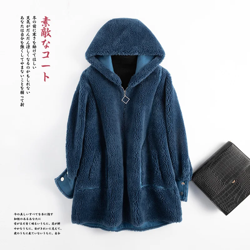 AYUNSUE/пальто из овечьей шерсти; женские шерстяные пальто; зимняя куртка; женские длинные куртки с капюшоном; женская замшевая подкладка; MY4188 - Цвет: blue